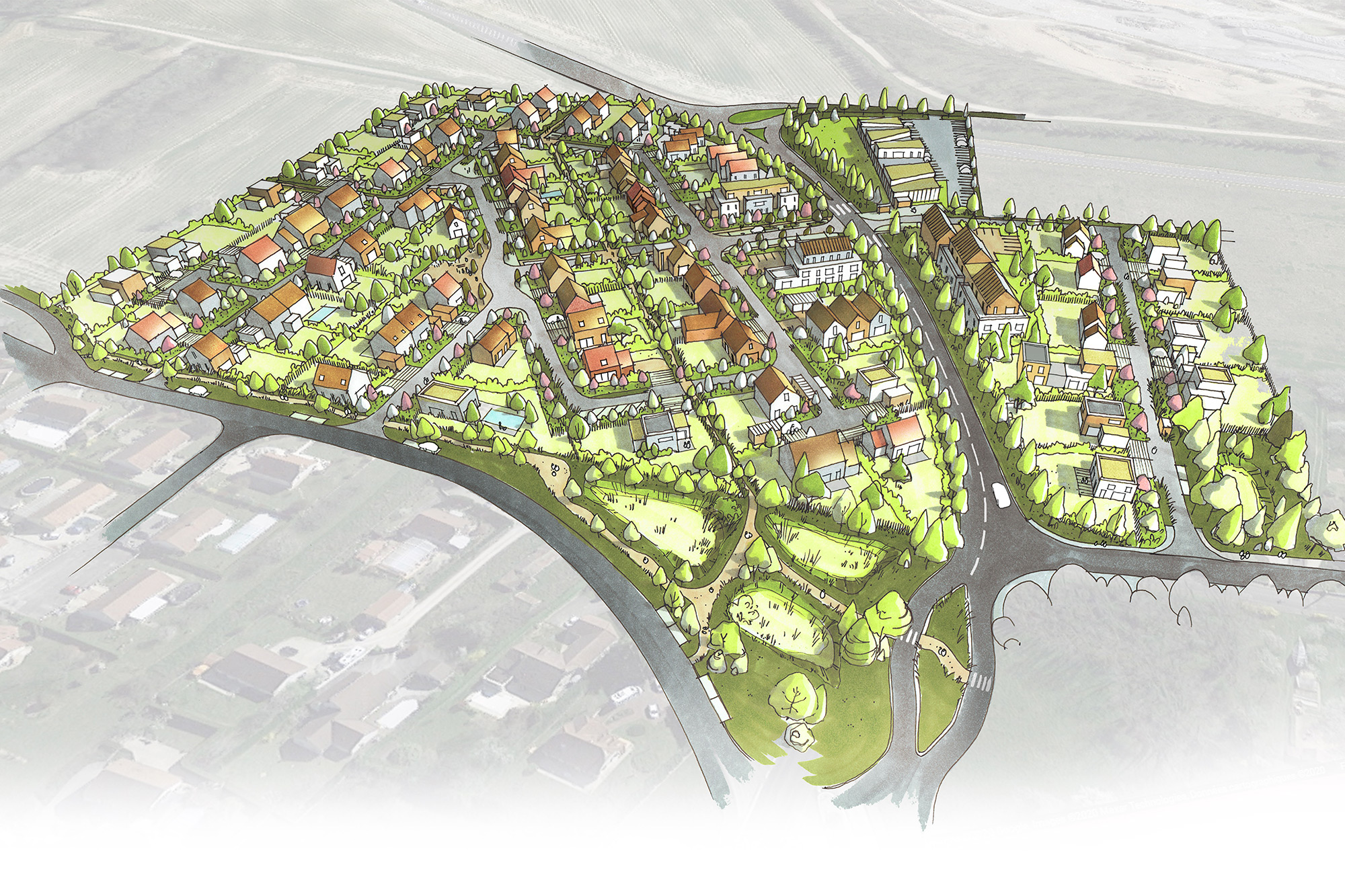 sedia-zac-les-vergers-damparis-1 Dessin en vue aérienne du quartier Les Vergers à Damparis